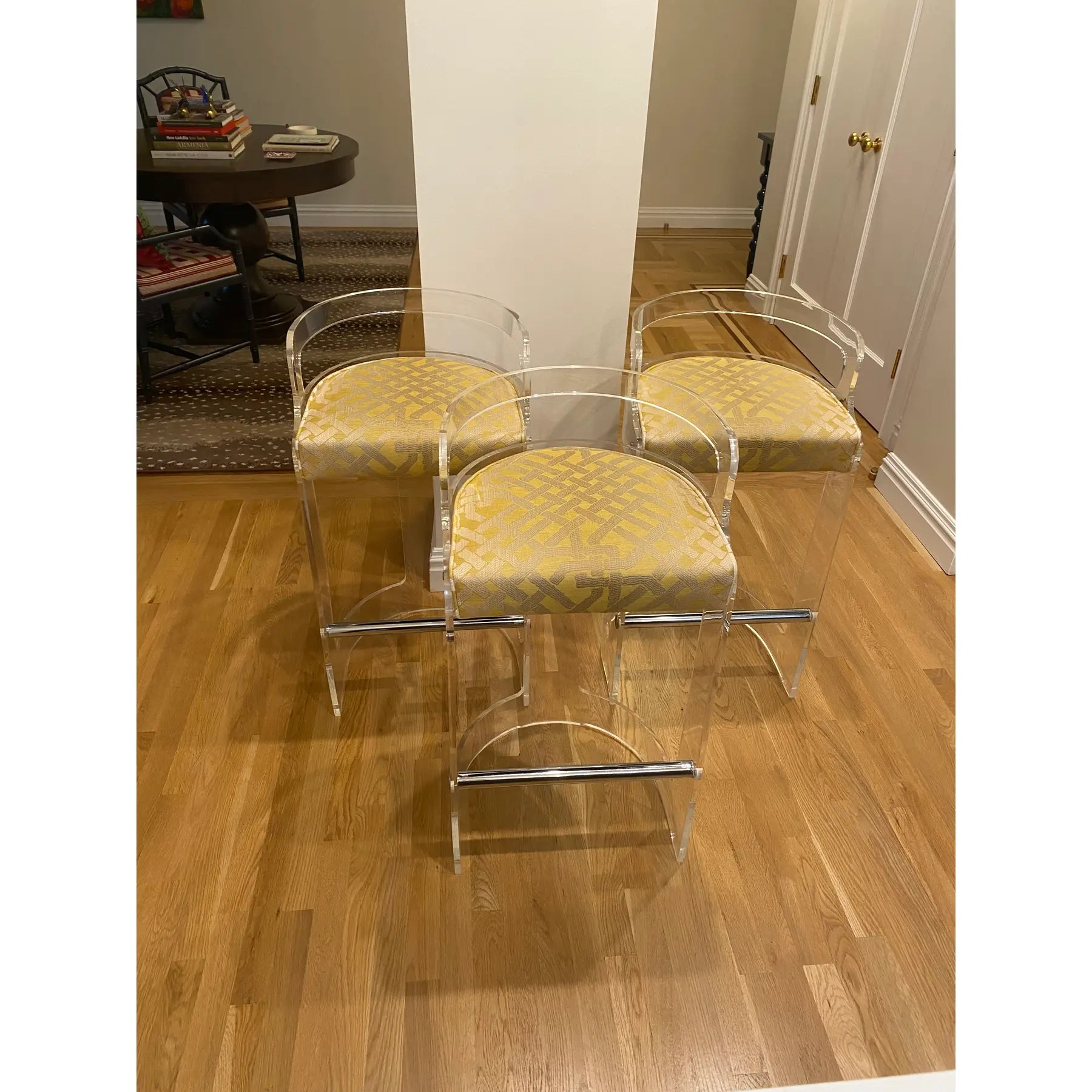 1970s Vintage Refurbished Lucite Bar Stools Kelly Wearstler Fabric - Set of 3