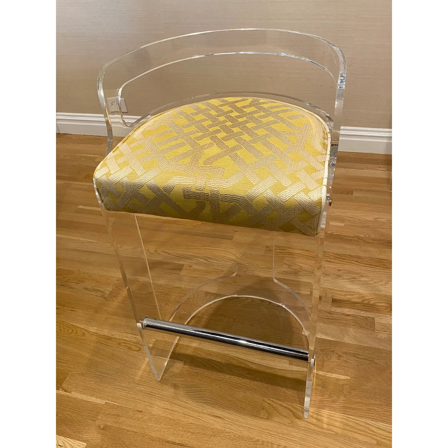1970s Vintage Refurbished Lucite Bar Stools Kelly Wearstler Fabric - Set of 3