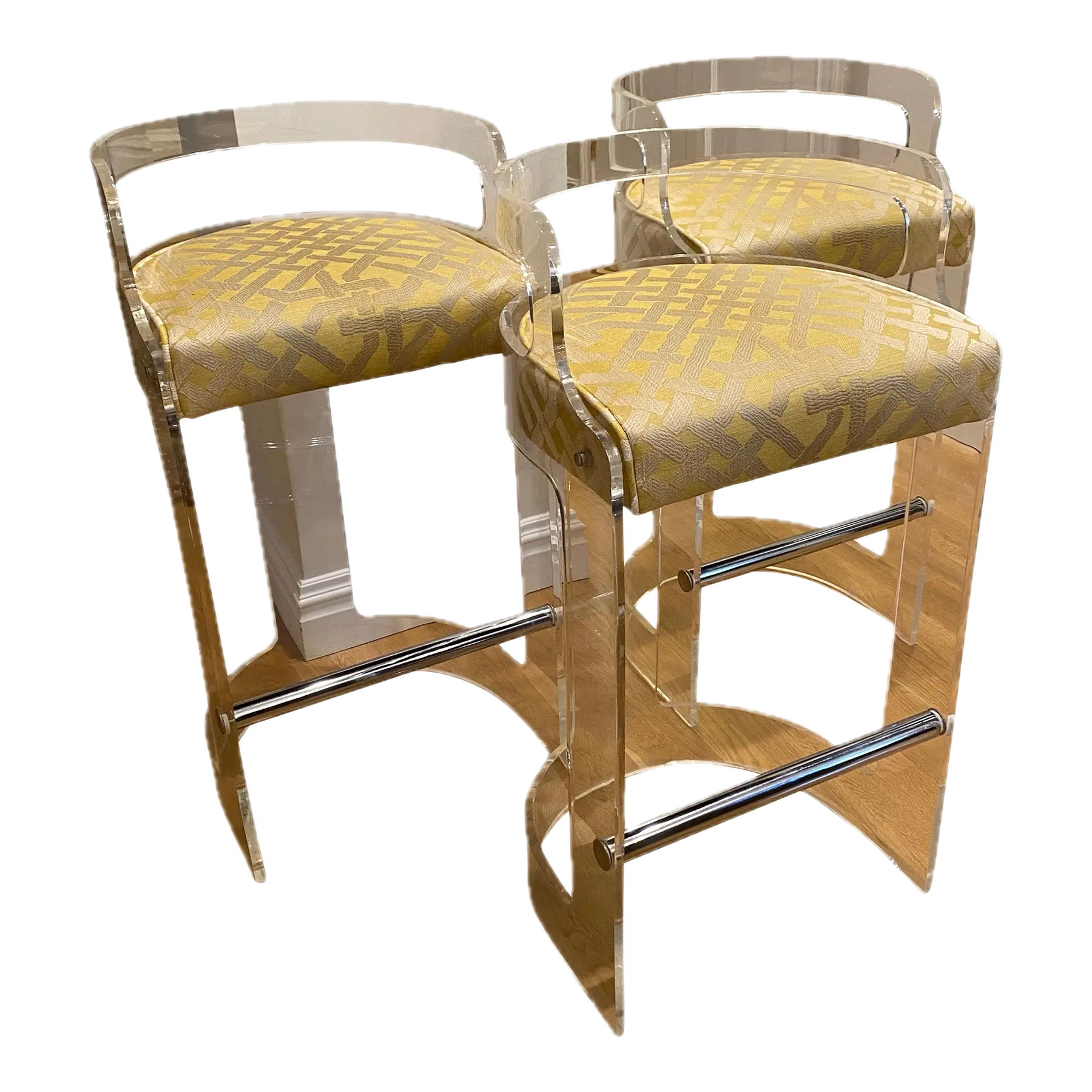 1970s Vintage Refurbished Lucite Bar Stools Kelly Wearstler Fabric - Set of 3