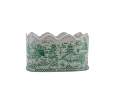 Green & White Scalloped Porcelain Cachepot